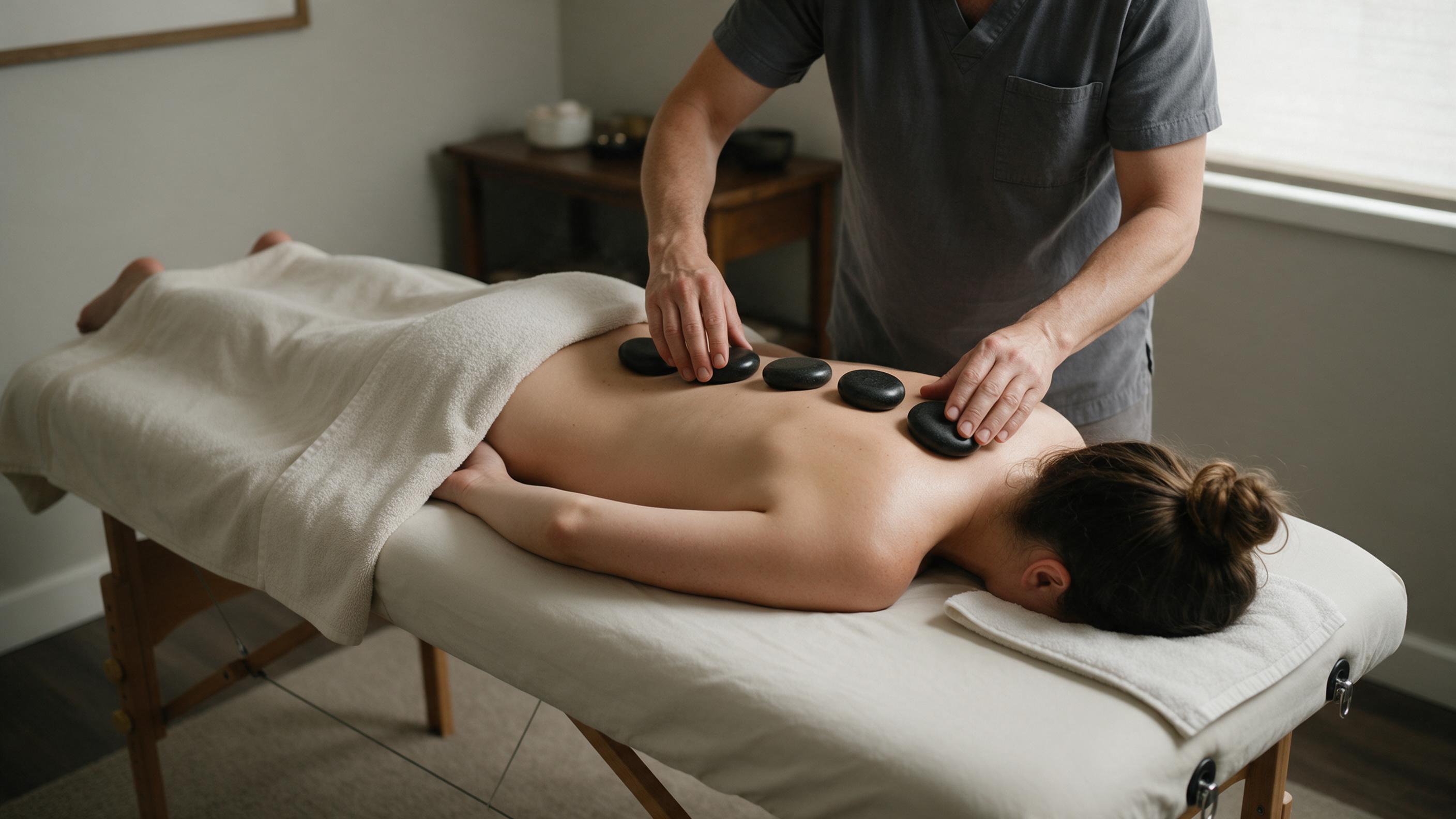 Smooth heated volcanic stones therapy